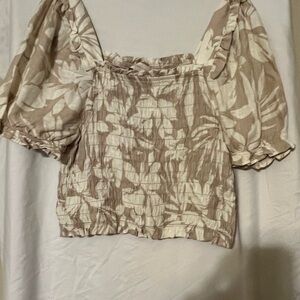 Monteau Beige and Cream Smocked Tropical Crop Top